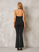 Halter Deep V-Neck Ruched Metal Decoration Jumpsuit